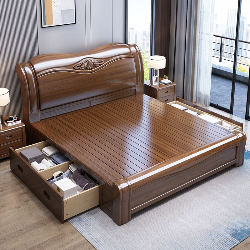 Carved Solid Wood Storage Bed Frame with Side Drawers
