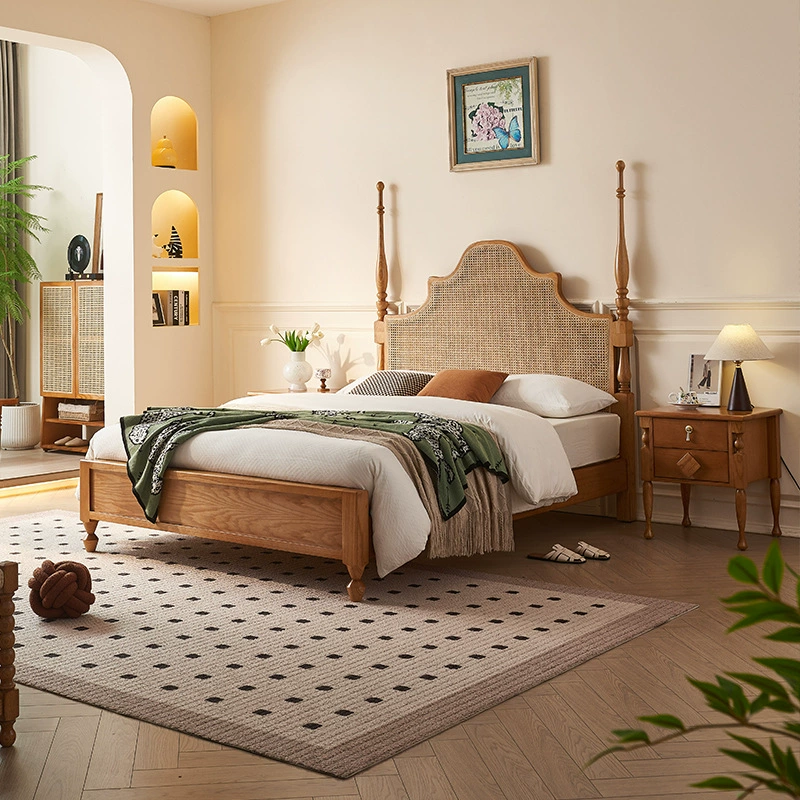 Rattan Headboard Vintage Solid Wood Bed