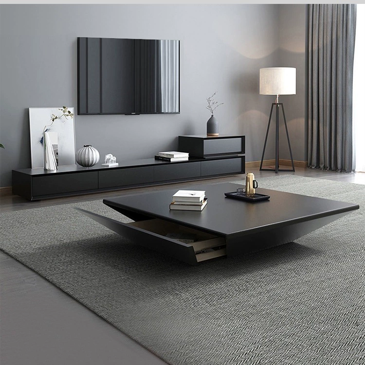 Modern Irregular Black Coffee Table with Storage Drawer