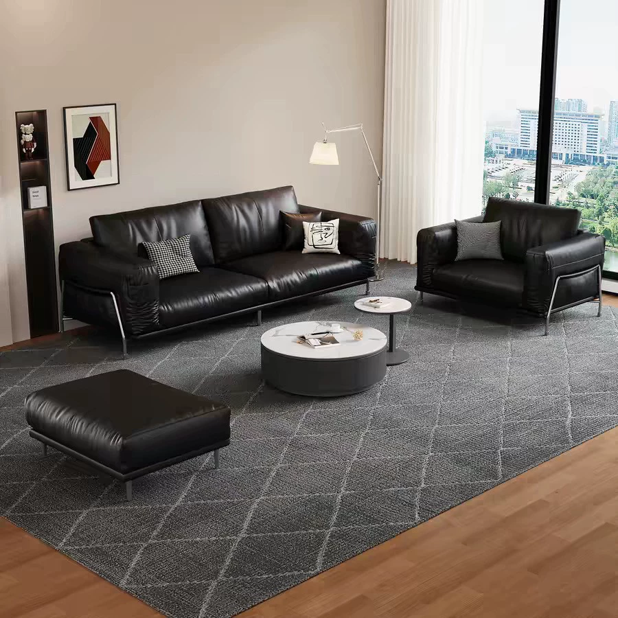 Leather Three-Seater Sofa with Ottoman & Round Side Table